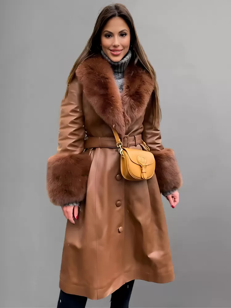 FAUX FUR GENUINE LEATHER COAT IN RED