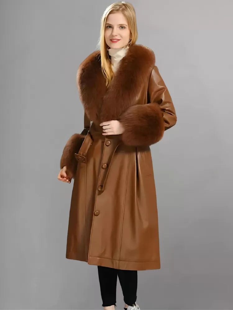 FAUX FUR GENUINE LEATHER COAT IN RED