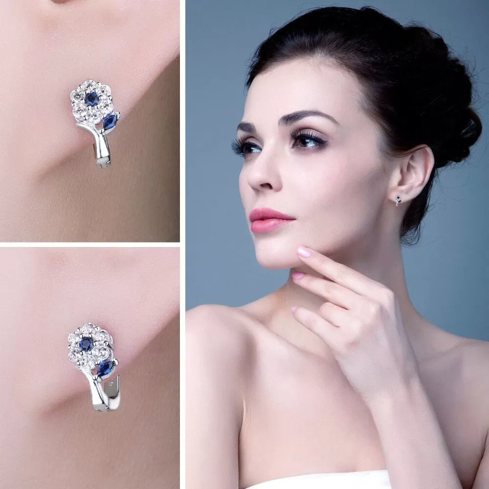 Girl Fashion Flower Created Sapphire Hoop Earrings - 925 Sterling Silver