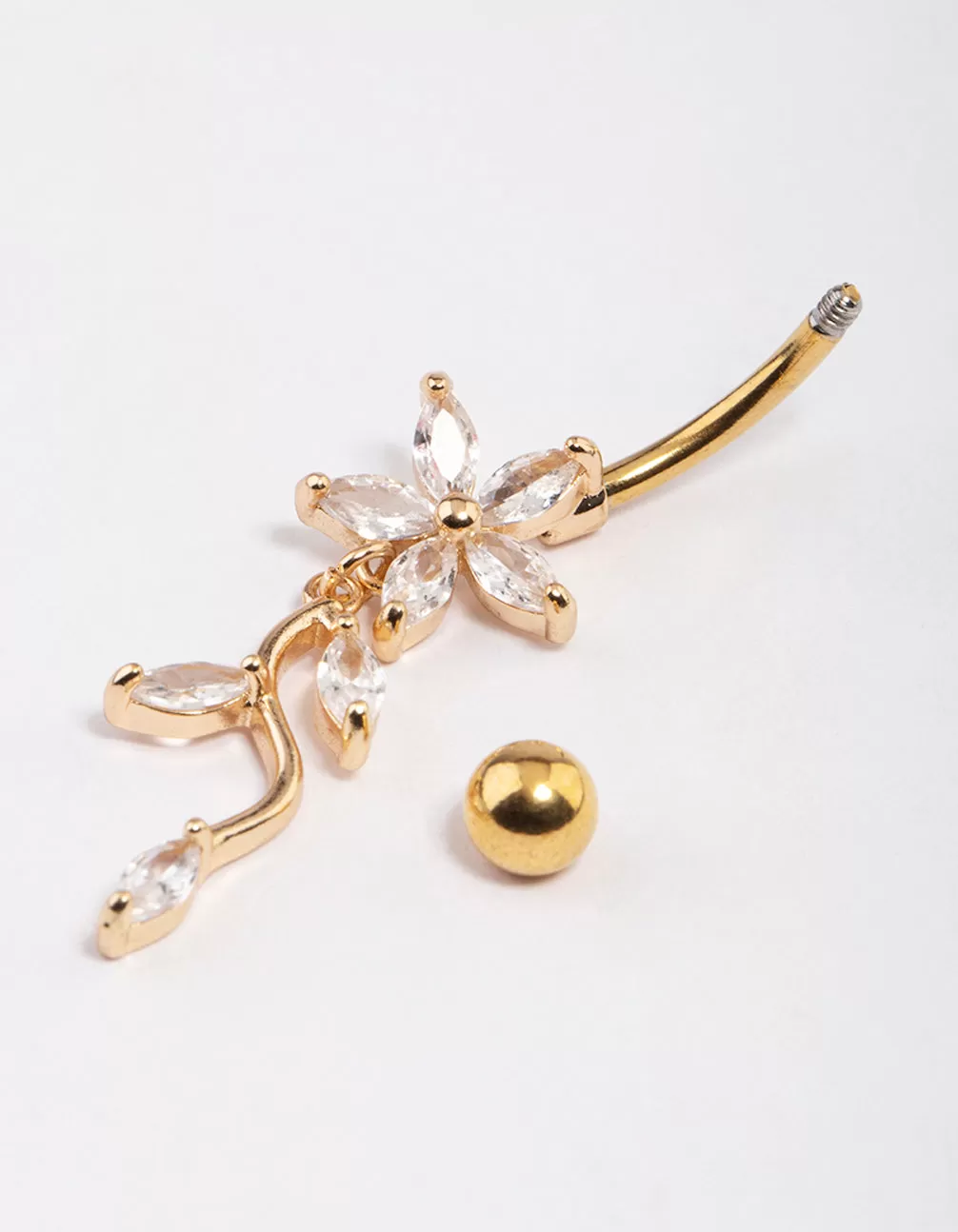 Gold Plated Surgical Steel Cubic Zirconia Flower Drop Belly Ring