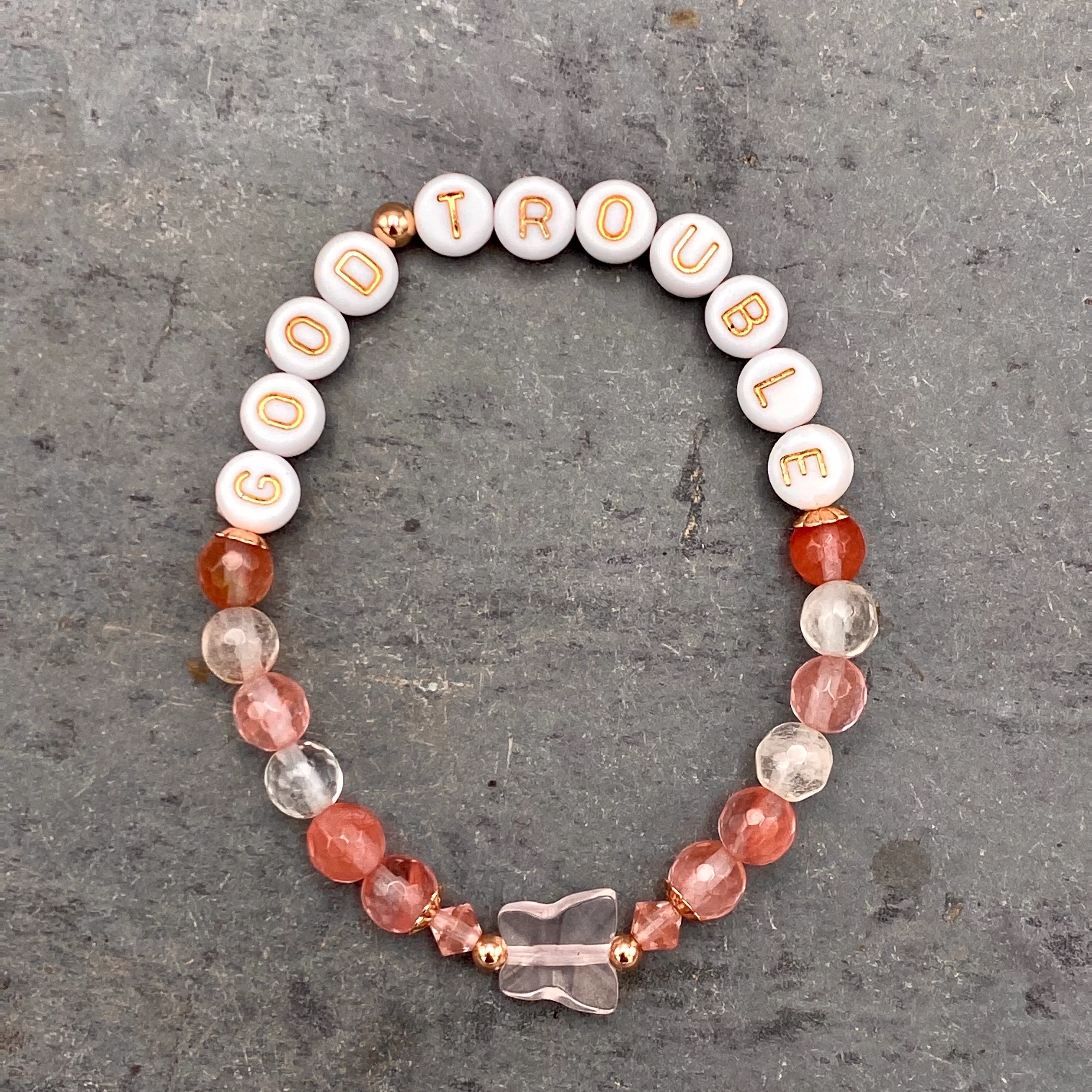 “Good Trouble” Cherry Quartz Jasper, 14 kt GF, Rose Quartz, & Cherry Quartz Stretch Bracelet