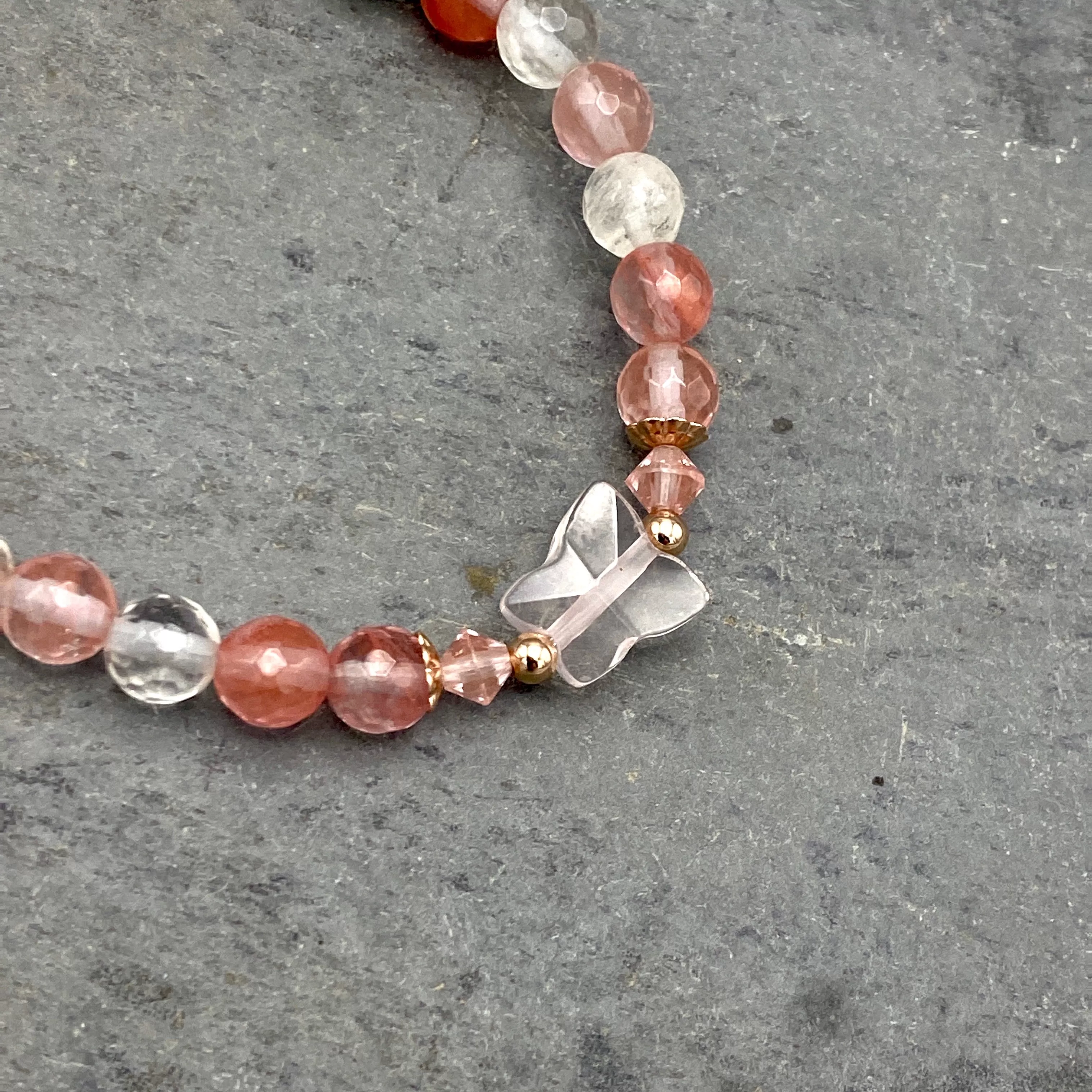 “Good Trouble” Cherry Quartz Jasper, 14 kt GF, Rose Quartz, & Cherry Quartz Stretch Bracelet