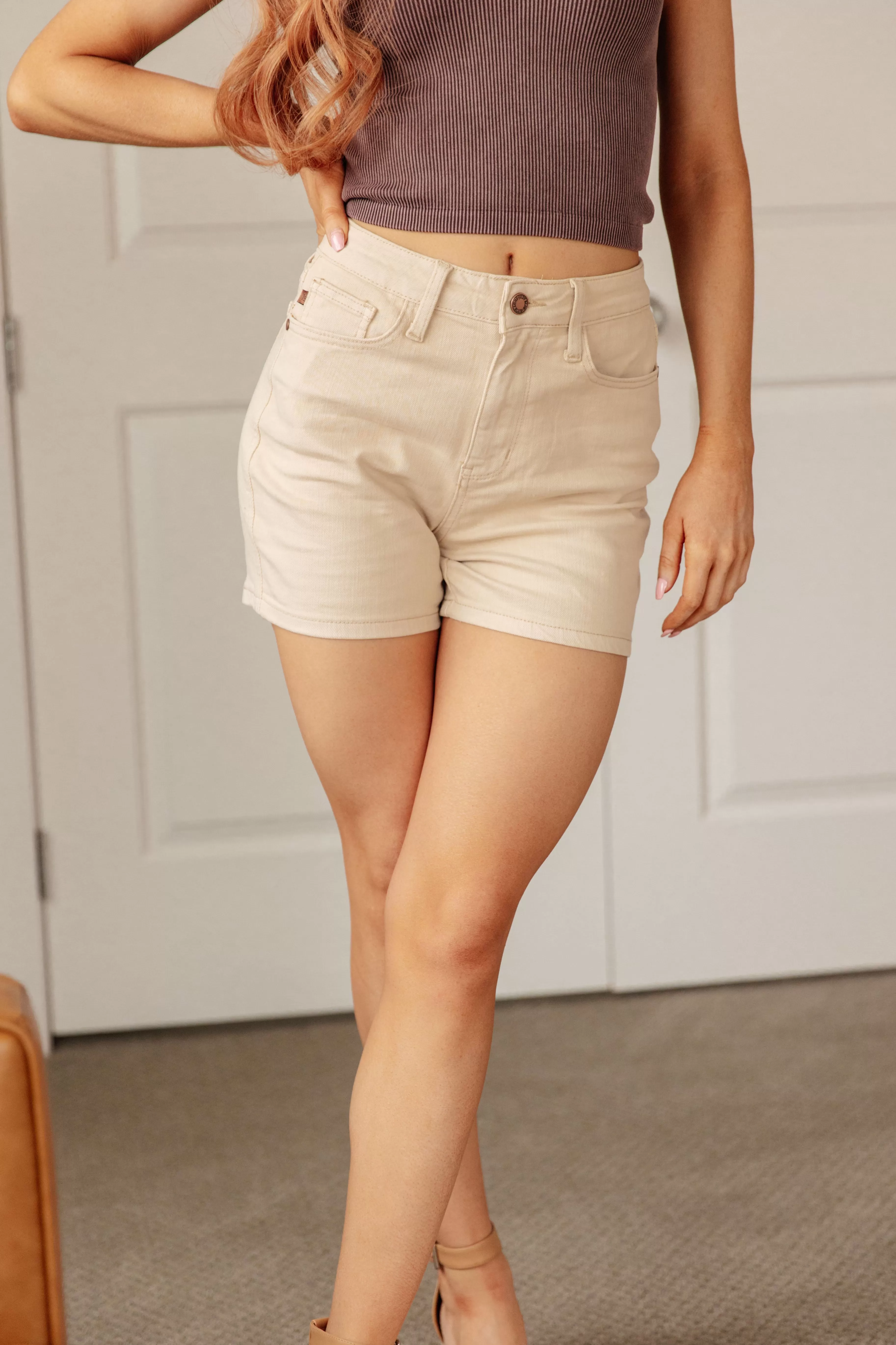 Greta High Rise Garment Dyed Shorts in Bone by Judy Blue