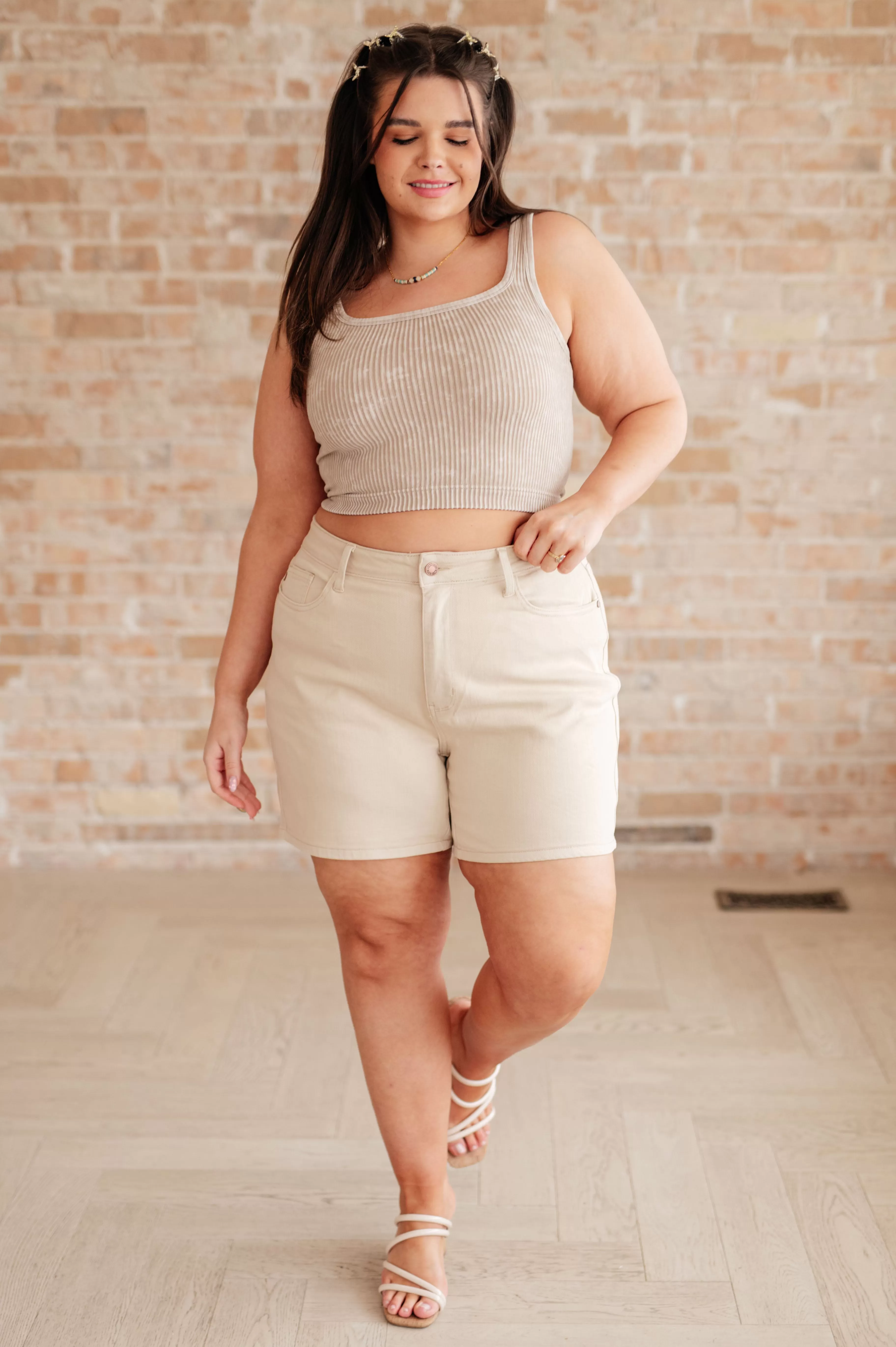 Greta High Rise Garment Dyed Shorts in Bone by Judy Blue