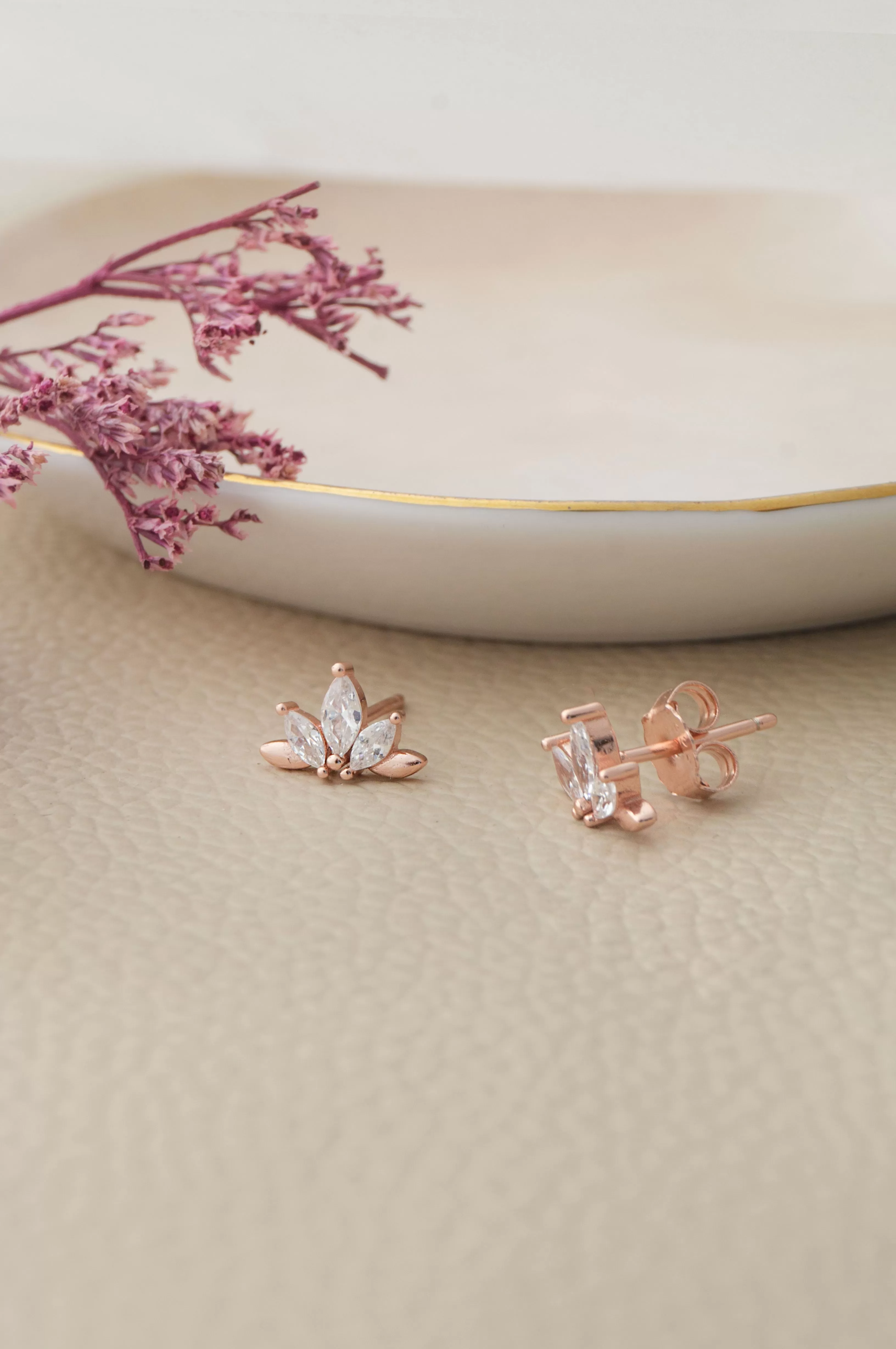 Half Flower Rose Gold Plated Sterling Silver Stud Earrings