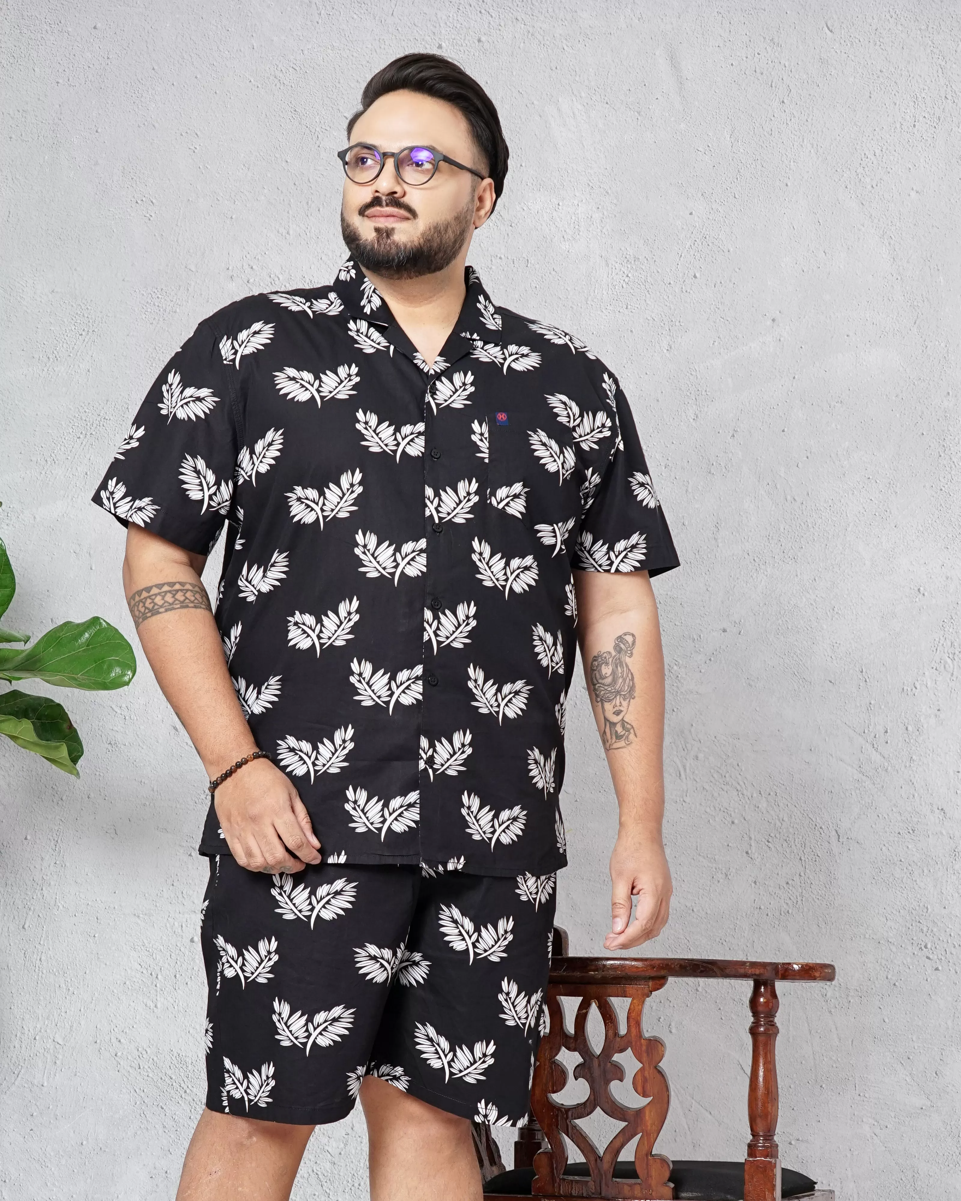 Hardsoda Men Black Plus Size Floral Lounge Set