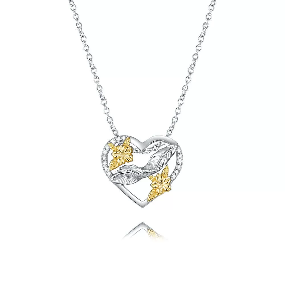 Heart Shape 925 Sterling Silver Feather & Gold Flower Pendant Necklace