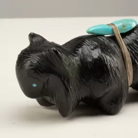 Herbert Halate Jet and Turquoise Handmade Zuni Fetish Bobcat Carving