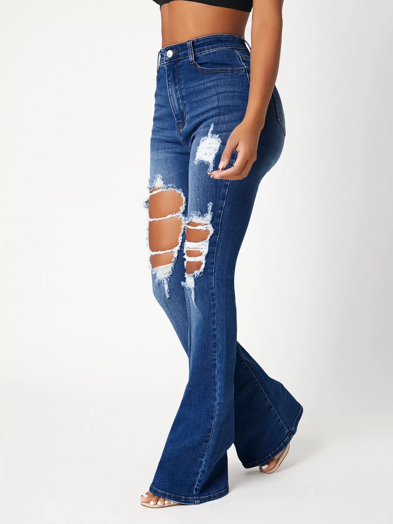 High Waist Ripped Detail Flare Leg Jeans