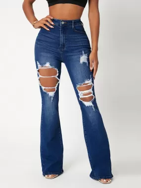 High Waist Ripped Detail Flare Leg Jeans