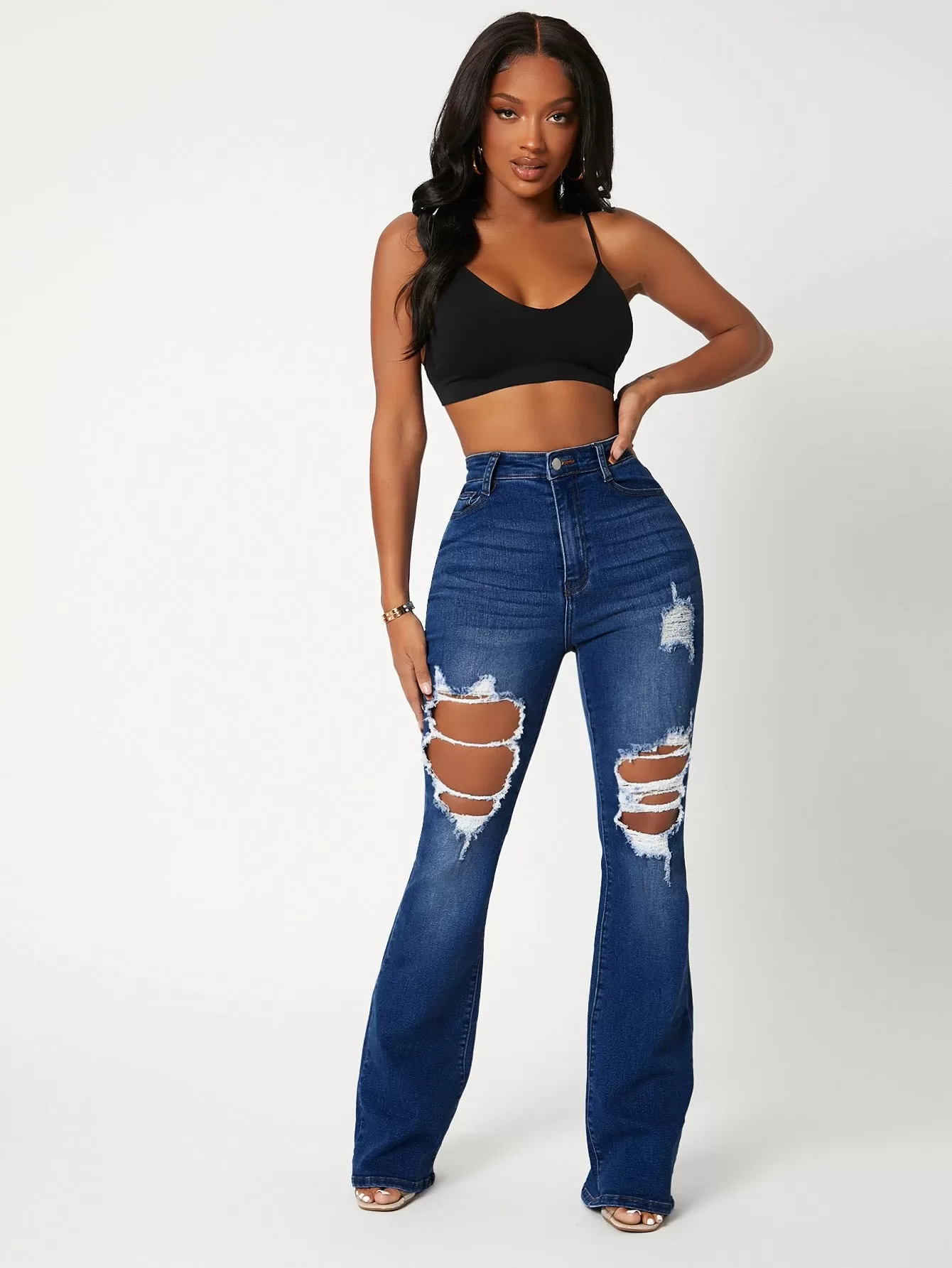 High Waist Ripped Detail Flare Leg Jeans