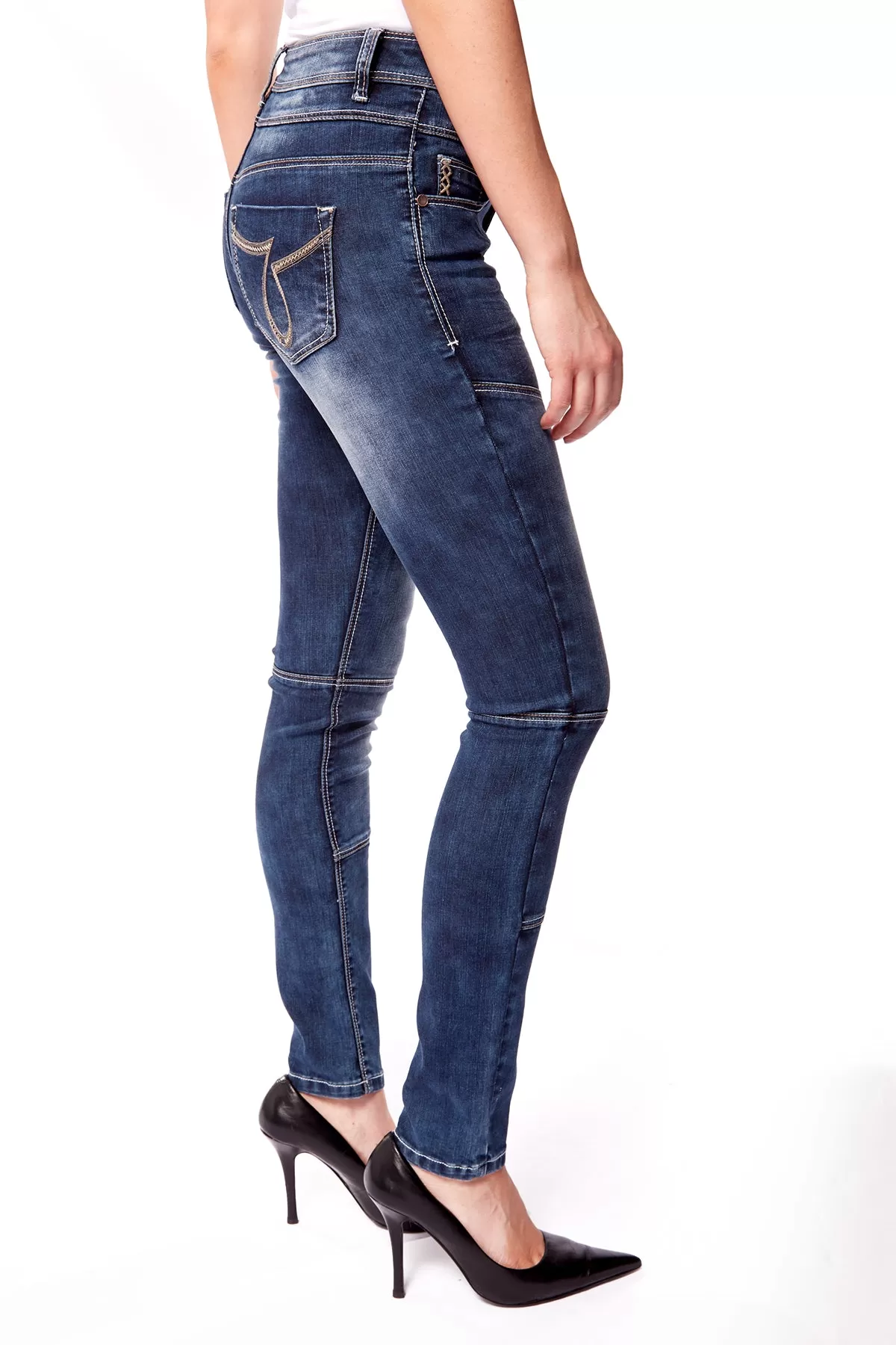 High Waist Skinny Jeans - Dark Blue Acid Wash