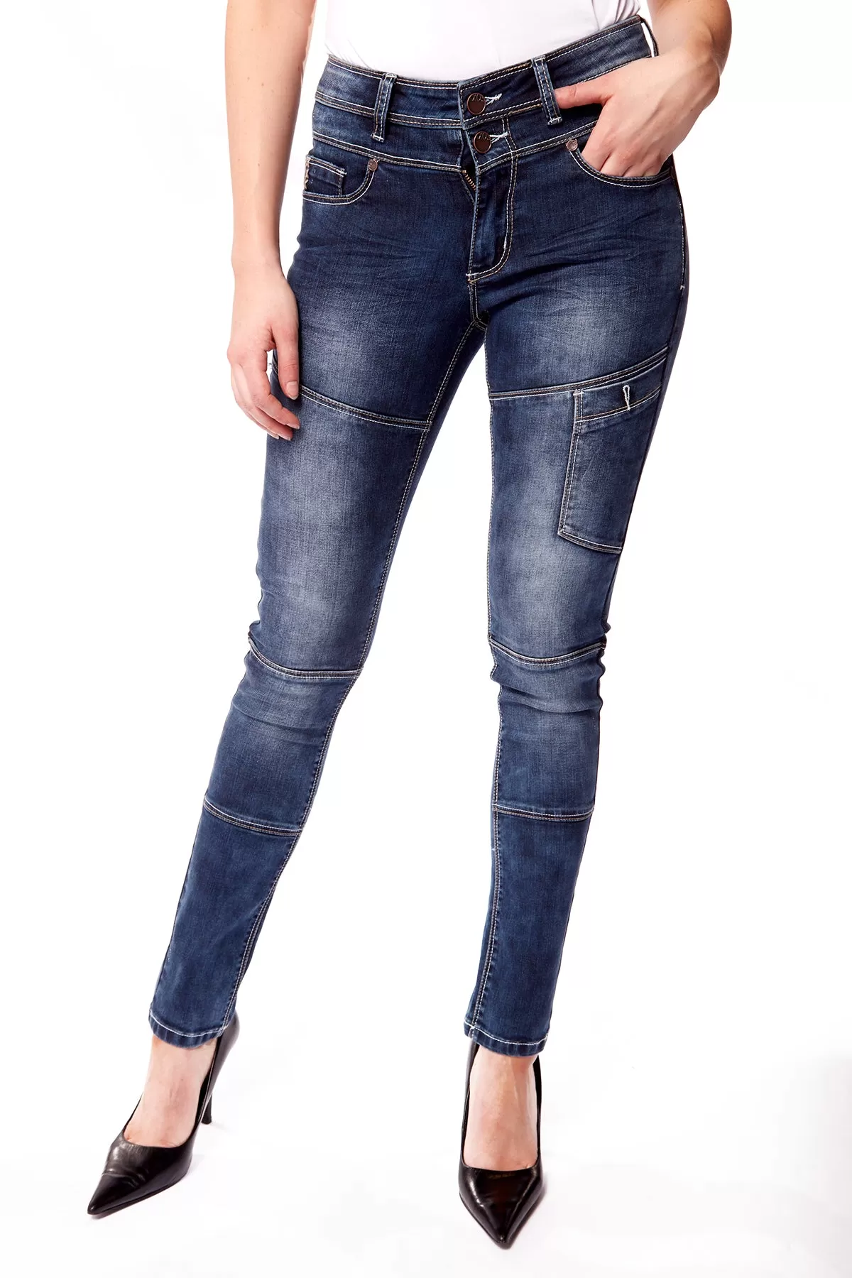 High Waist Skinny Jeans - Dark Blue Acid Wash