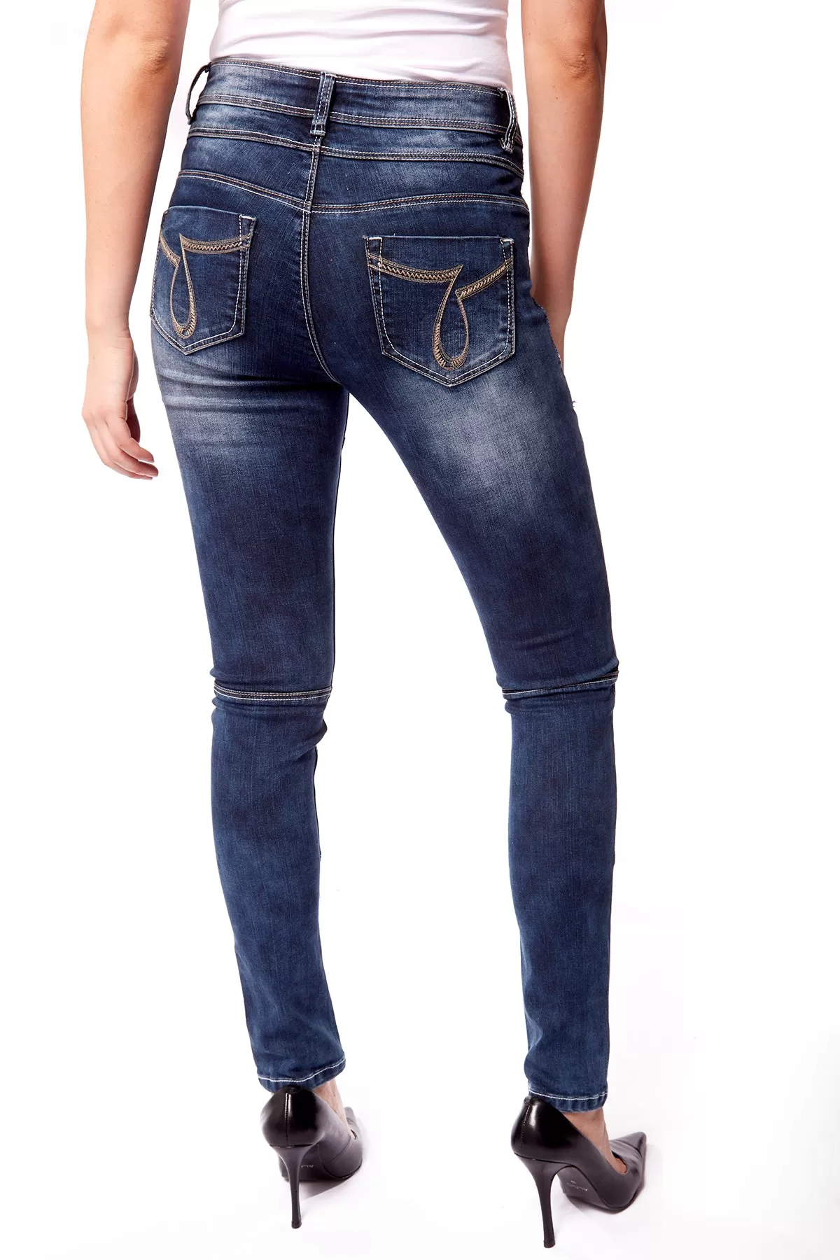 High Waist Skinny Jeans - Dark Blue Acid Wash