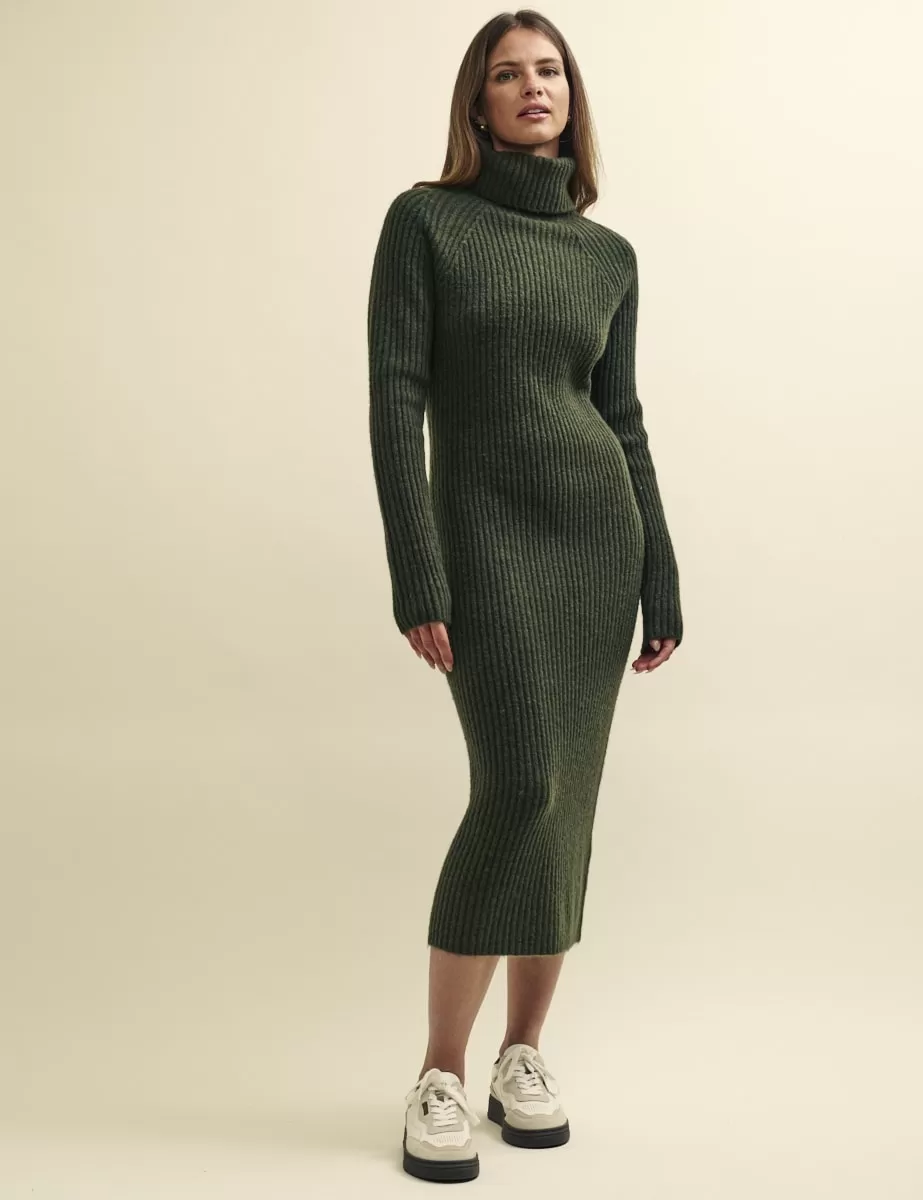 Khaki Green Roll Neck Knitted Midi Dress