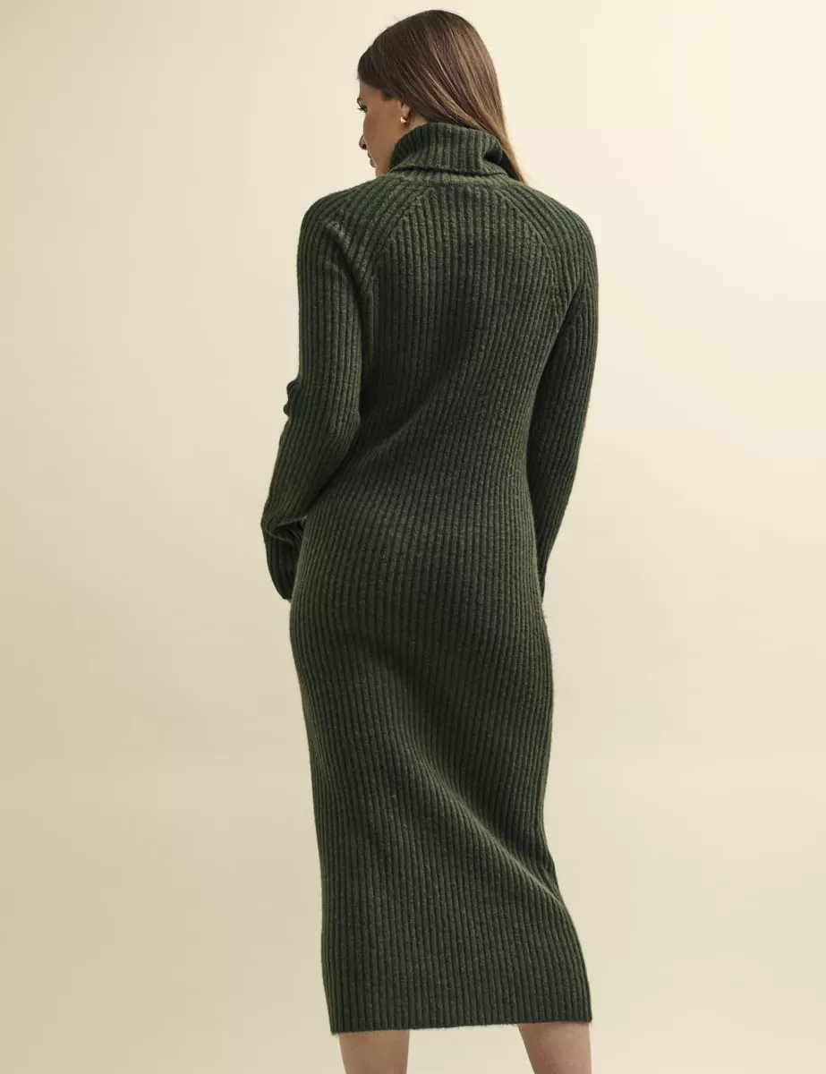 Khaki Green Roll Neck Knitted Midi Dress