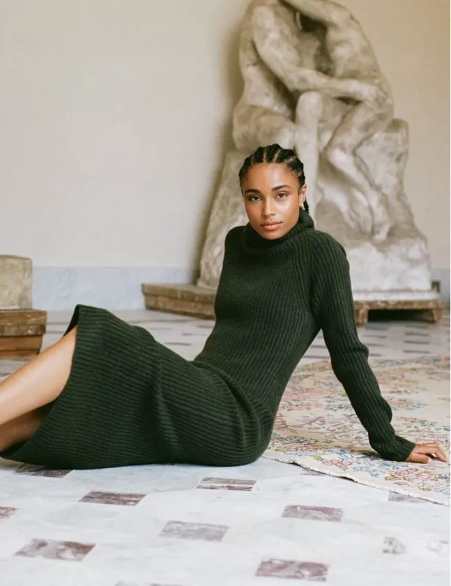 Khaki Green Roll Neck Knitted Midi Dress