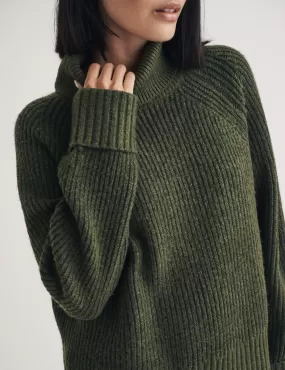 Khaki Ribbed Chunky Knitted Roll Neck Jumper