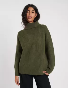 Khaki Roll Neck Longline Knitted Jumper