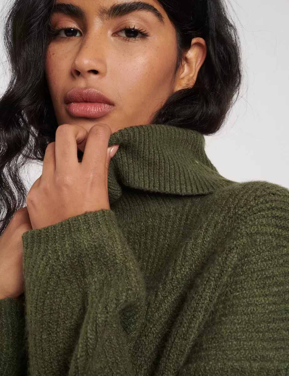 Khaki Roll Neck Longline Knitted Jumper