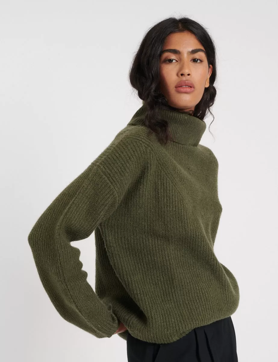 Khaki Roll Neck Longline Knitted Jumper