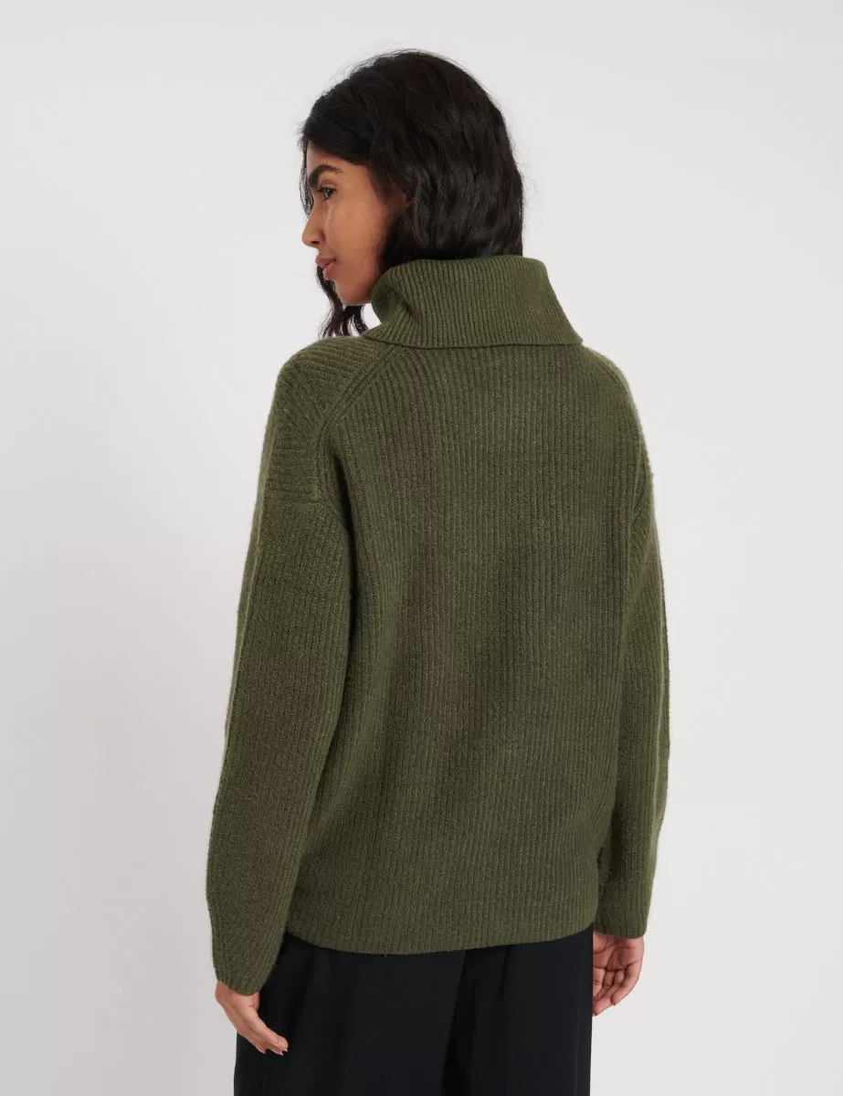 Khaki Roll Neck Longline Knitted Jumper