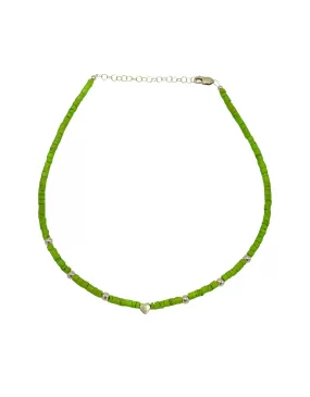 Kids Lime Heishi Necklace with 4MM Yellow Gold Filled Bead Pattern and 14K Heart Bead