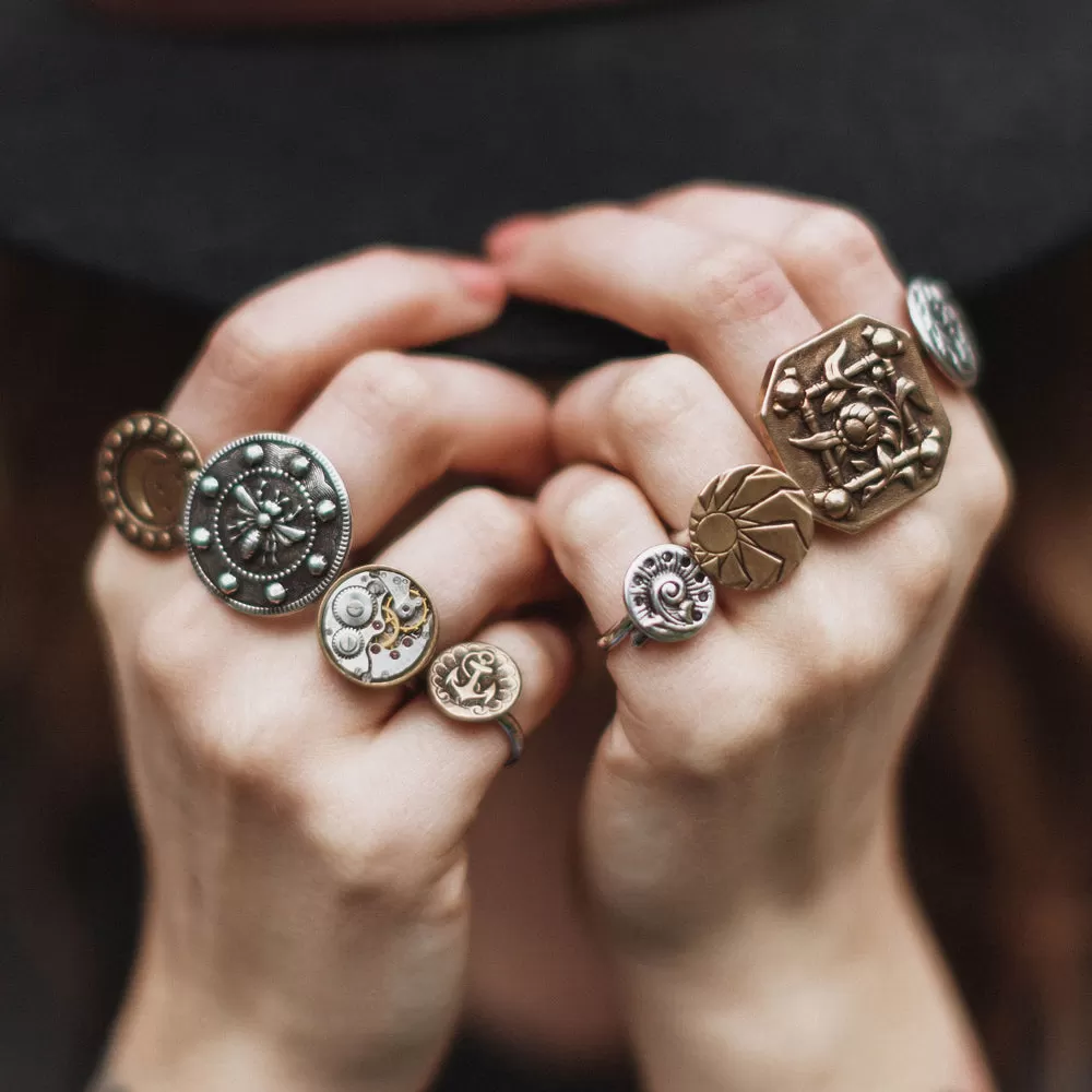 LARGE MOON Antique Button Statement Ring - MIXED METAL