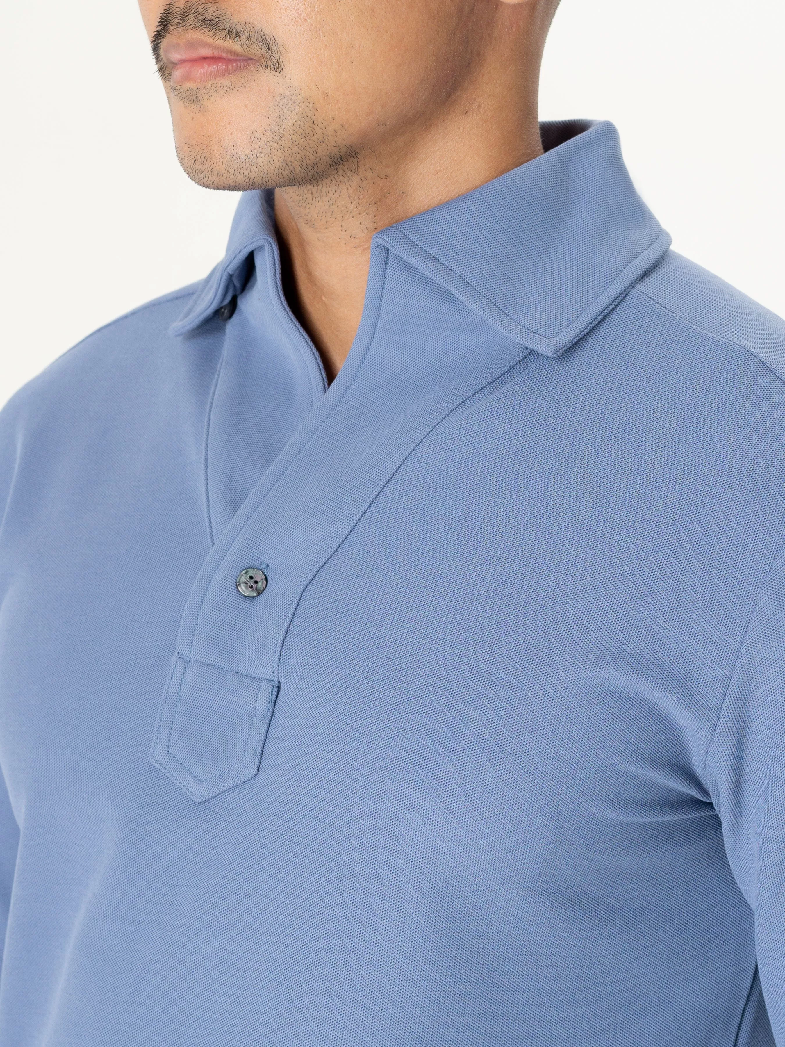 Long Sleeve Polo Shirt - Steel Blue One-Piece Collar Single Button