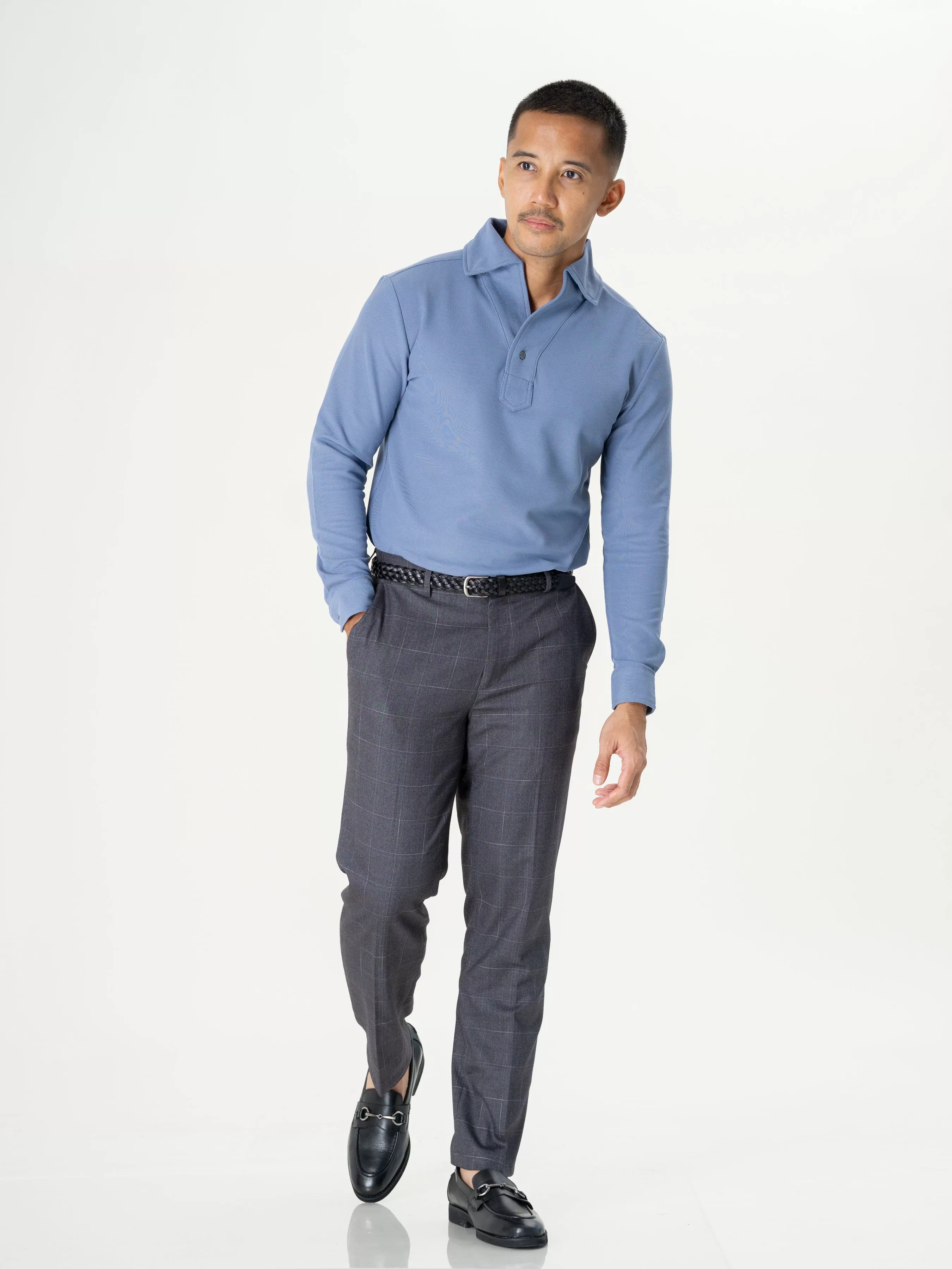 Long Sleeve Polo Shirt - Steel Blue One-Piece Collar Single Button