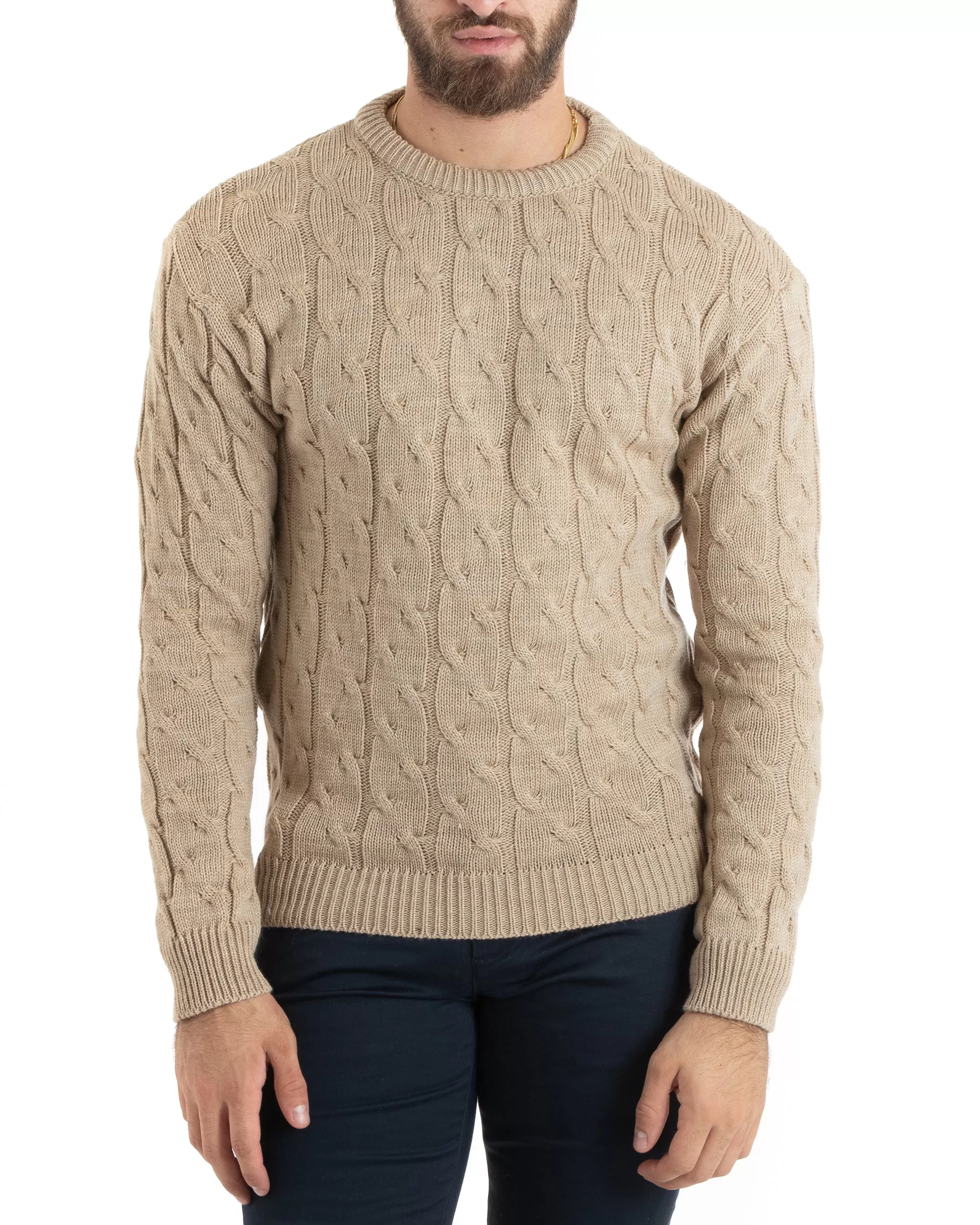 Maglioncino Uomo Girocollo Maglia Inglese Basic Trecce Beige GIOSAL-M2704A