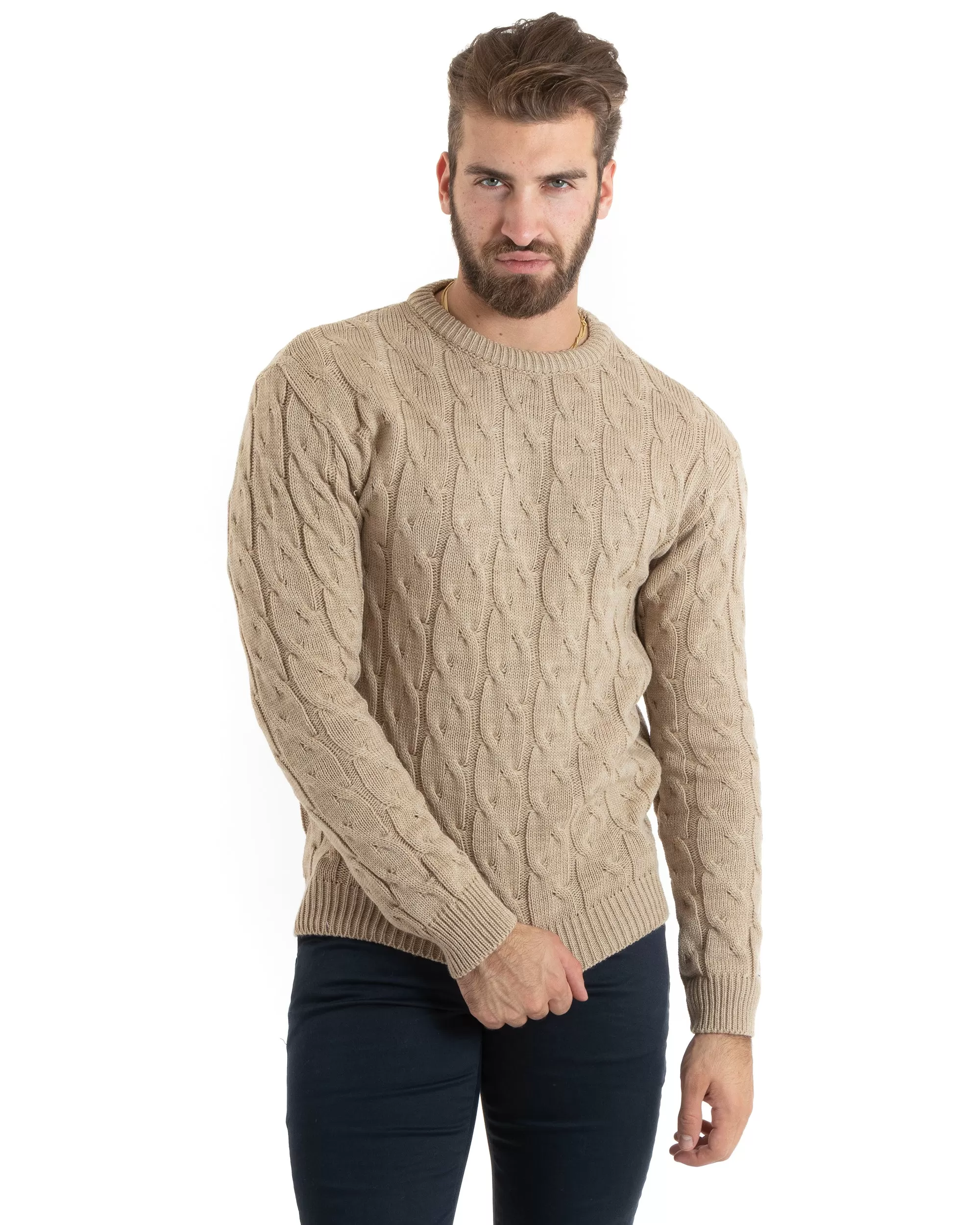 Maglioncino Uomo Girocollo Maglia Inglese Basic Trecce Beige GIOSAL-M2704A