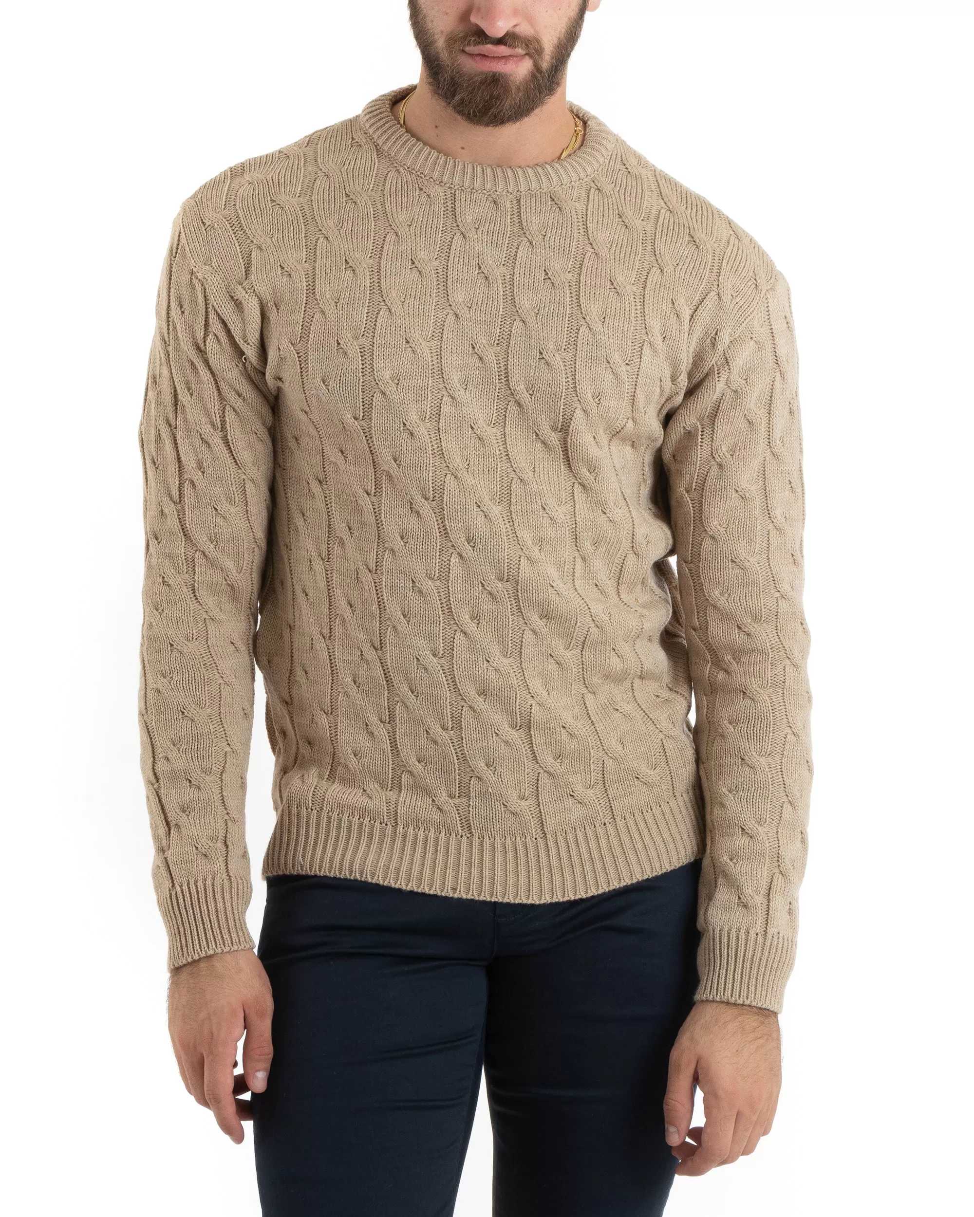 Maglioncino Uomo Girocollo Maglia Inglese Basic Trecce Beige GIOSAL-M2704A