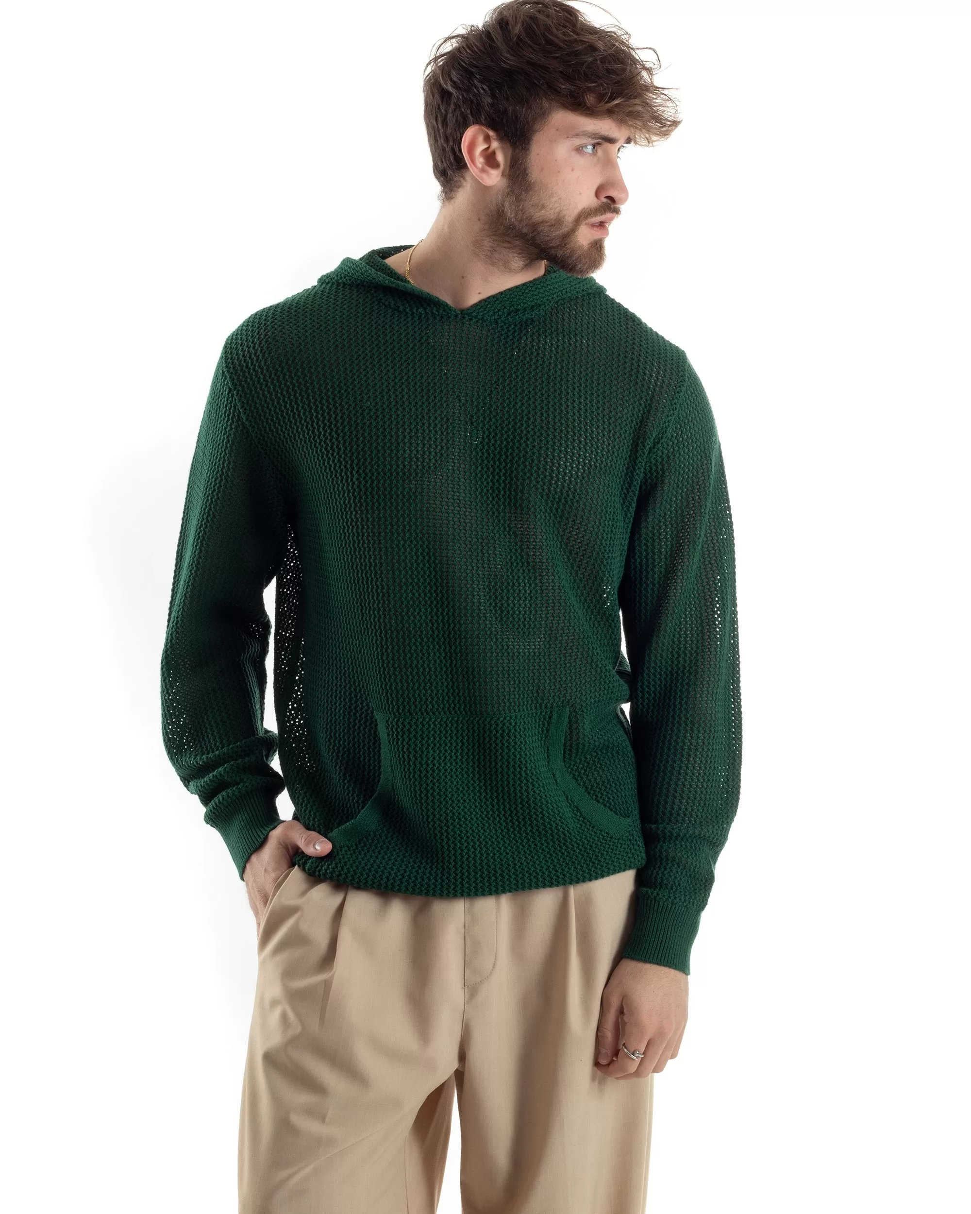 Maglioncino Uomo Traforato Con Cappuccio Maglia Bucata Tinta Unita Verde GIOSAL-M2835A