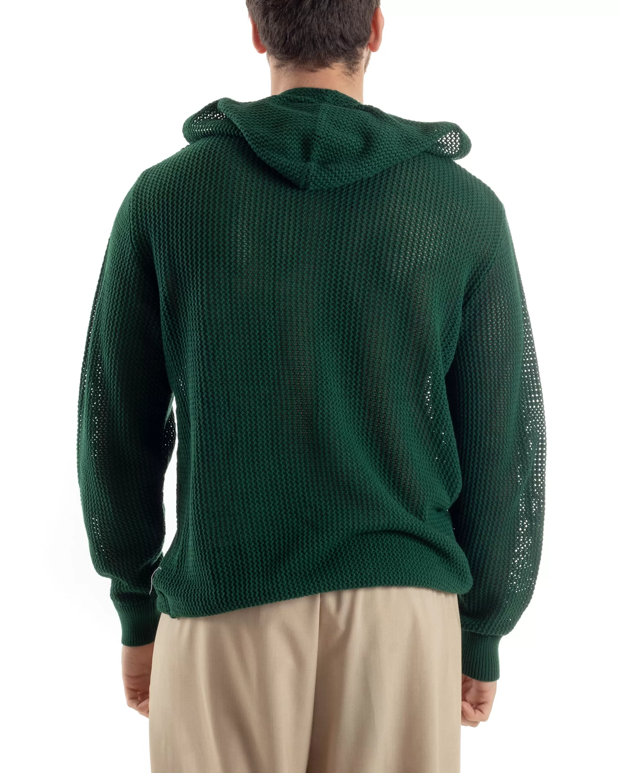 Maglioncino Uomo Traforato Con Cappuccio Maglia Bucata Tinta Unita Verde GIOSAL-M2835A