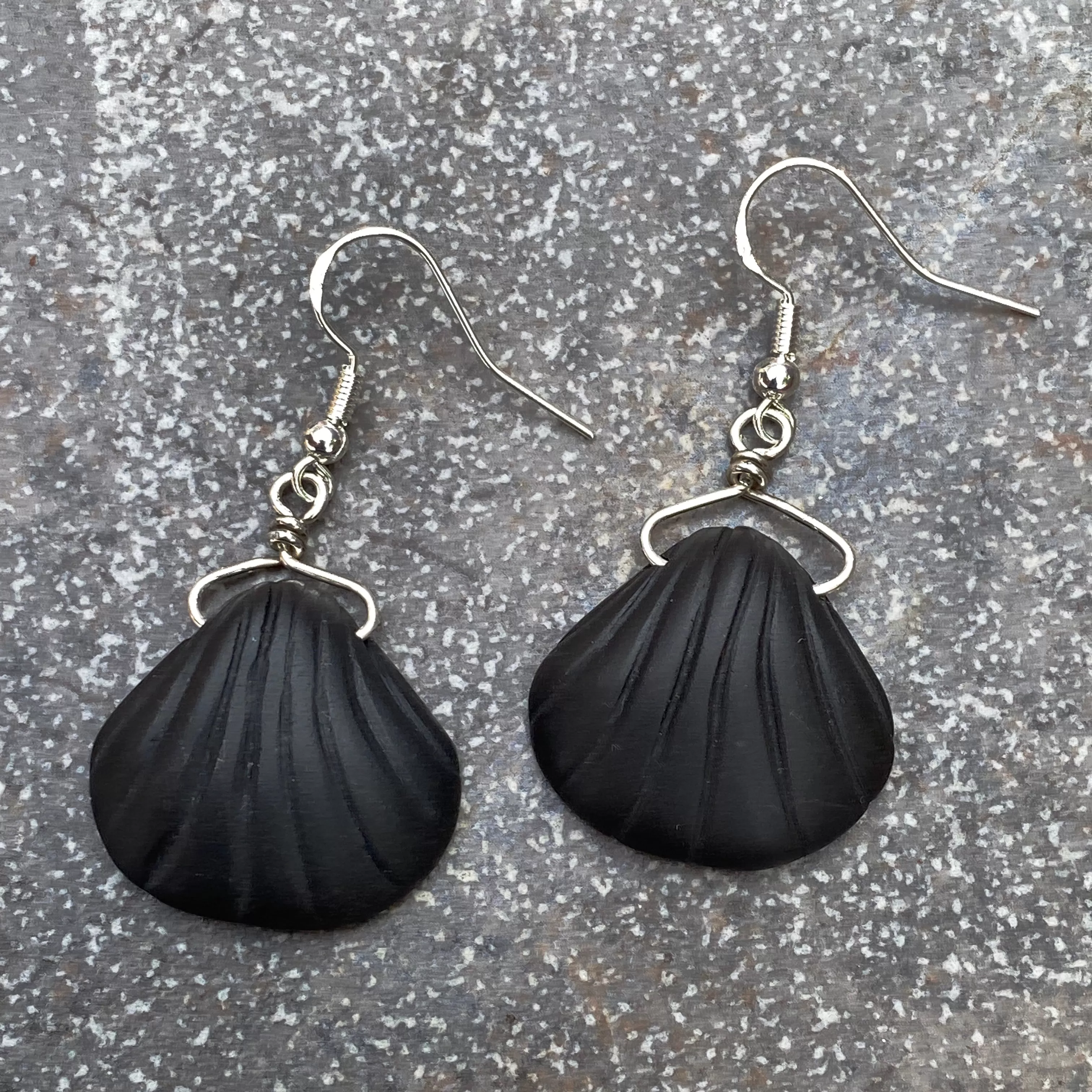 Matte Onyx gemstone carved Shells with Sterling Silver Earrings