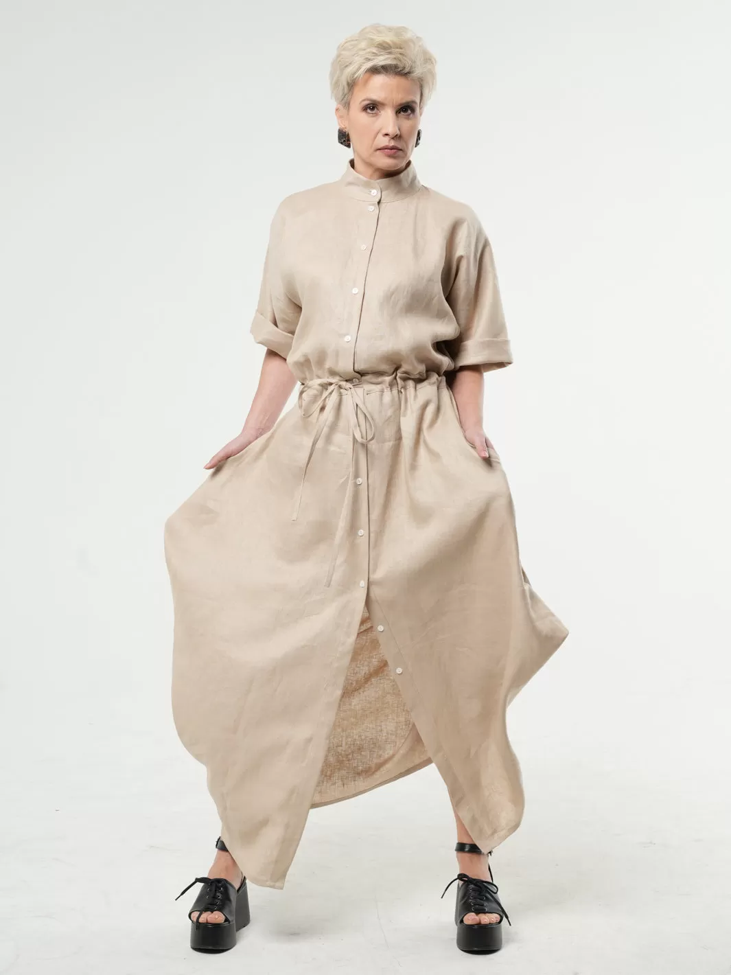 Maxi Linen Shirt Dress In Beige