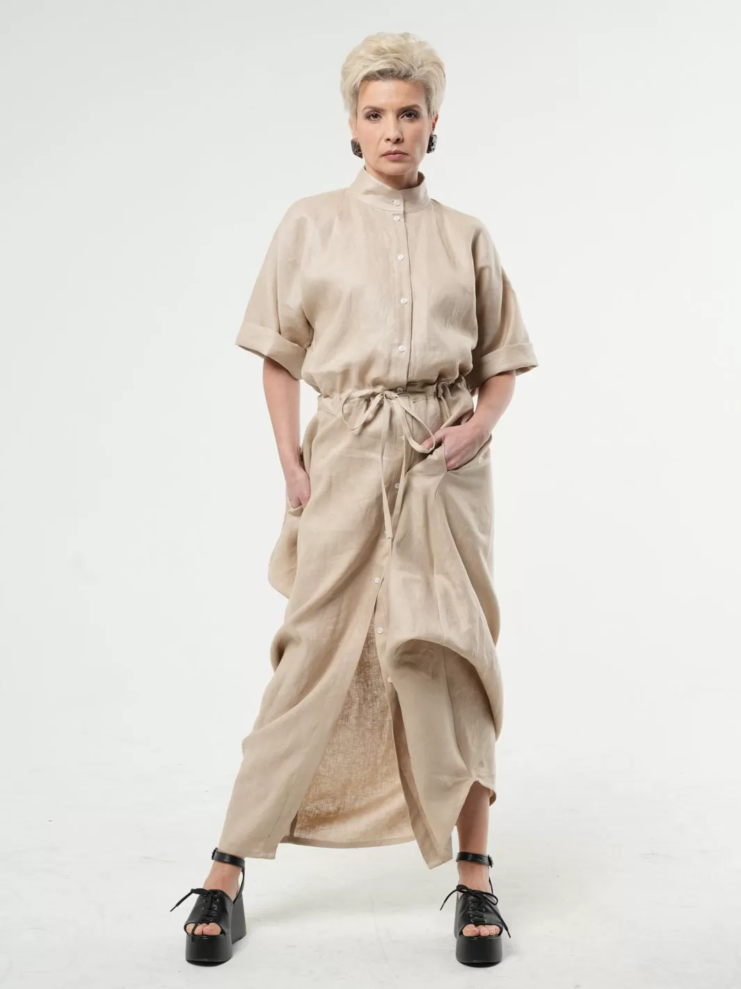 Maxi Linen Shirt Dress In Beige