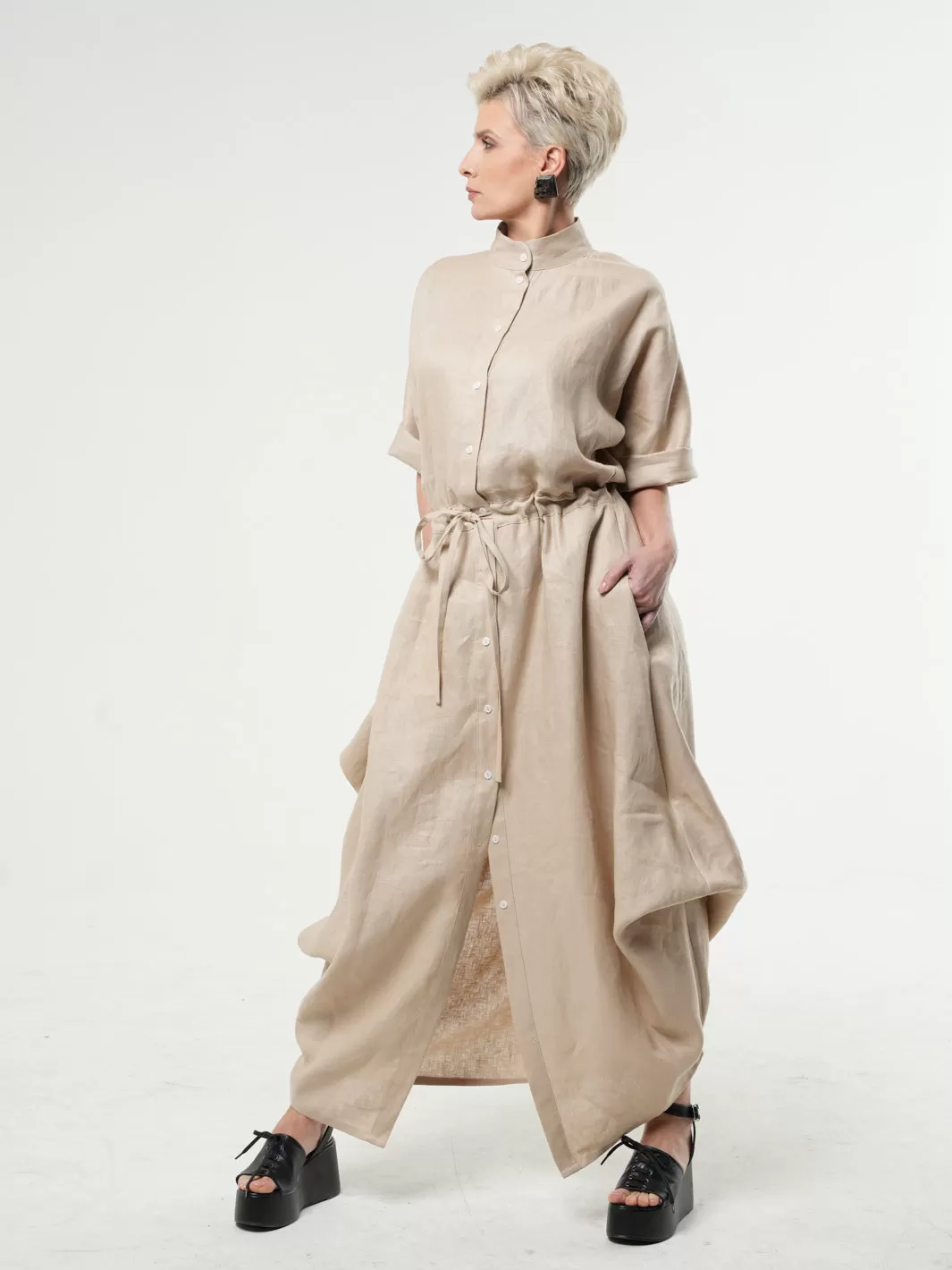 Maxi Linen Shirt Dress In Beige