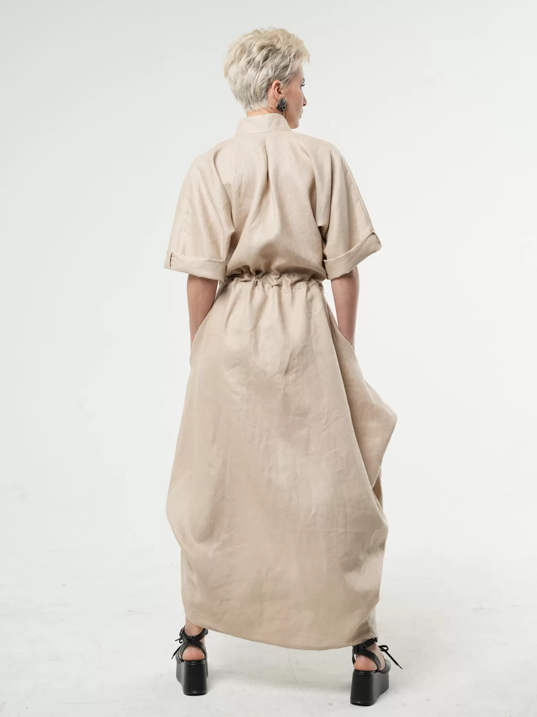 Maxi Linen Shirt Dress In Beige