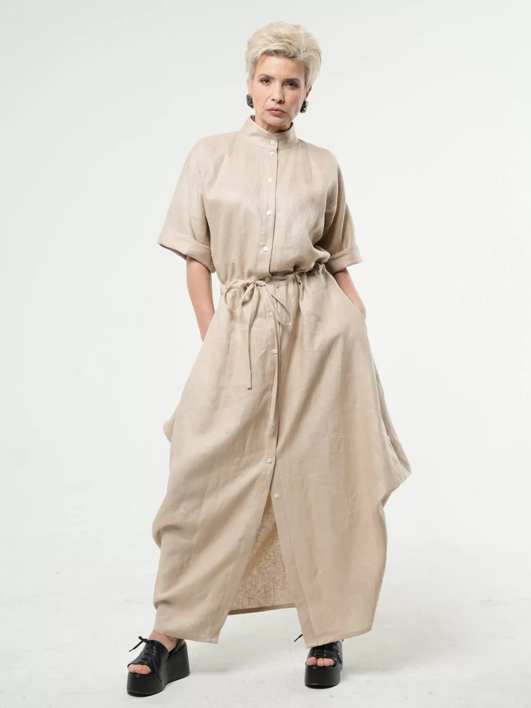 Maxi Linen Shirt Dress In Beige