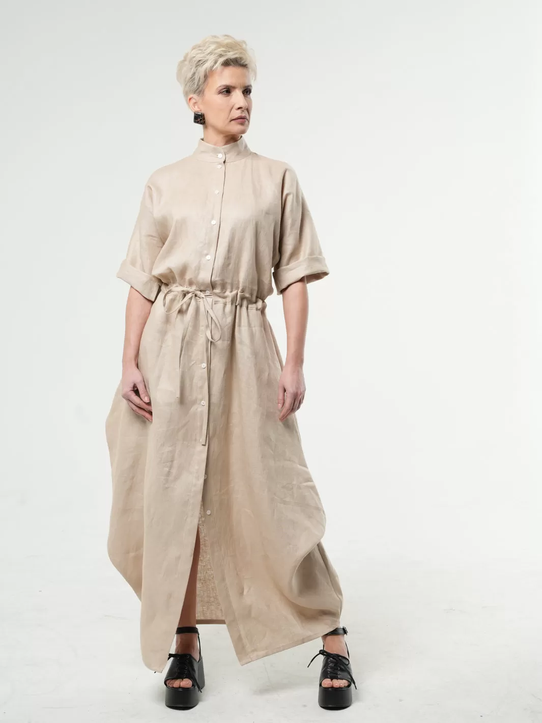 Maxi Linen Shirt Dress In Beige