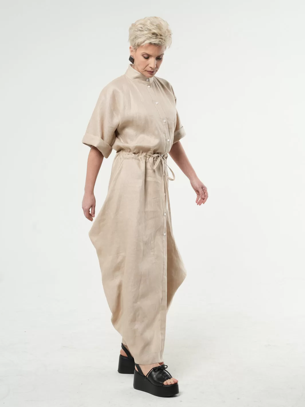 Maxi Linen Shirt Dress In Beige