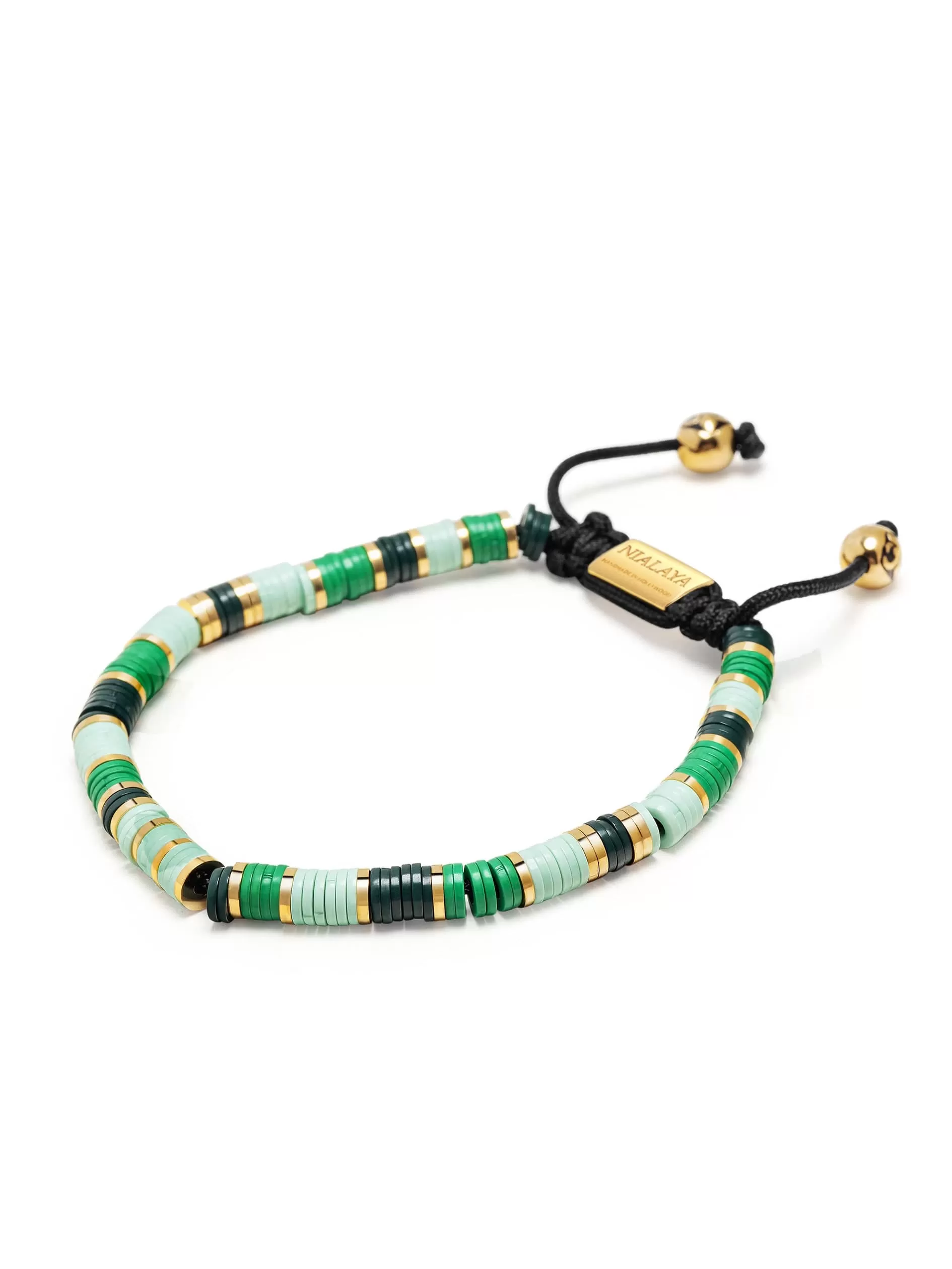 Men's Beaded Bracelet with Green and Gold Disc Beads