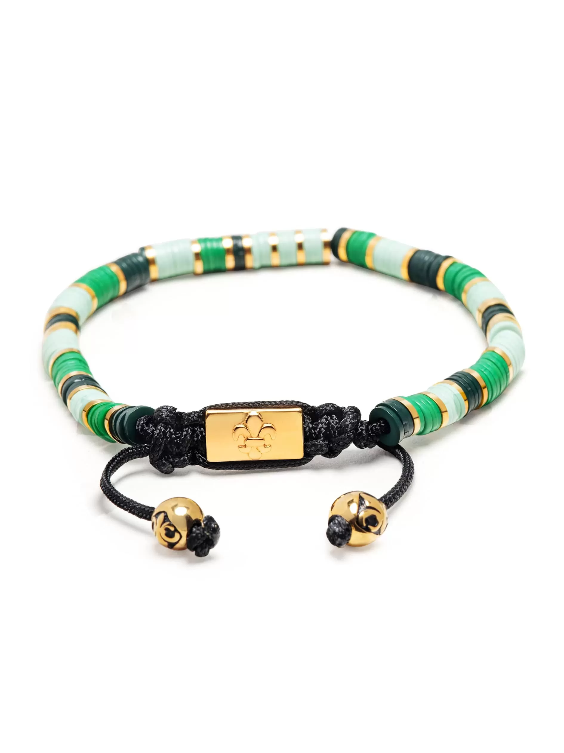 Men's Beaded Bracelet with Green and Gold Disc Beads