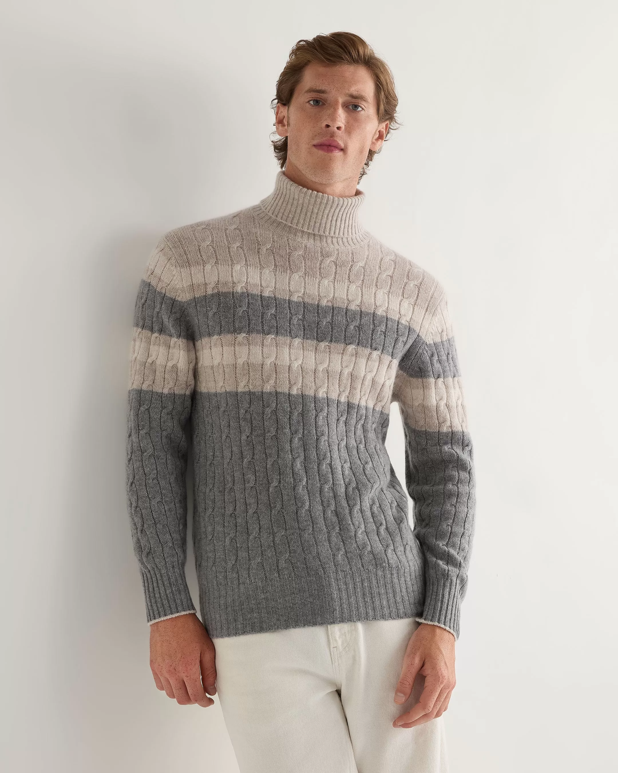 Men's Berwick Stripe Roll Neck Cashmere Jumper Frost White