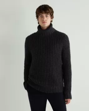 Men's Chunky Moss Stitch Turtle Neck Cashmere Sweater Granite Blue