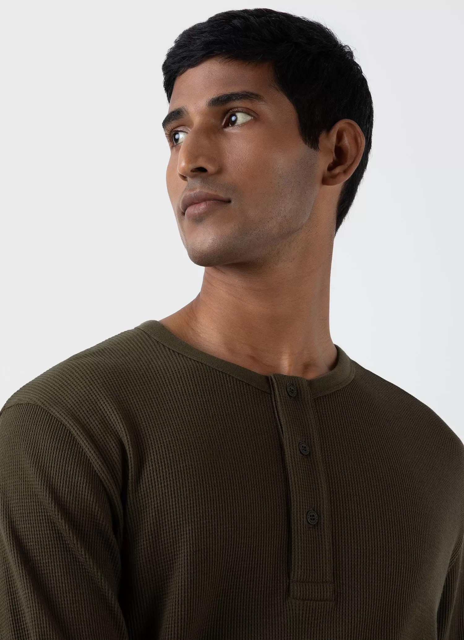 Men's Long Sleeve Waffle Henley in Dark Olive