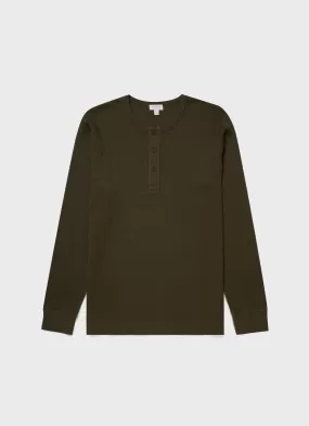 Men's Long Sleeve Waffle Henley in Dark Olive