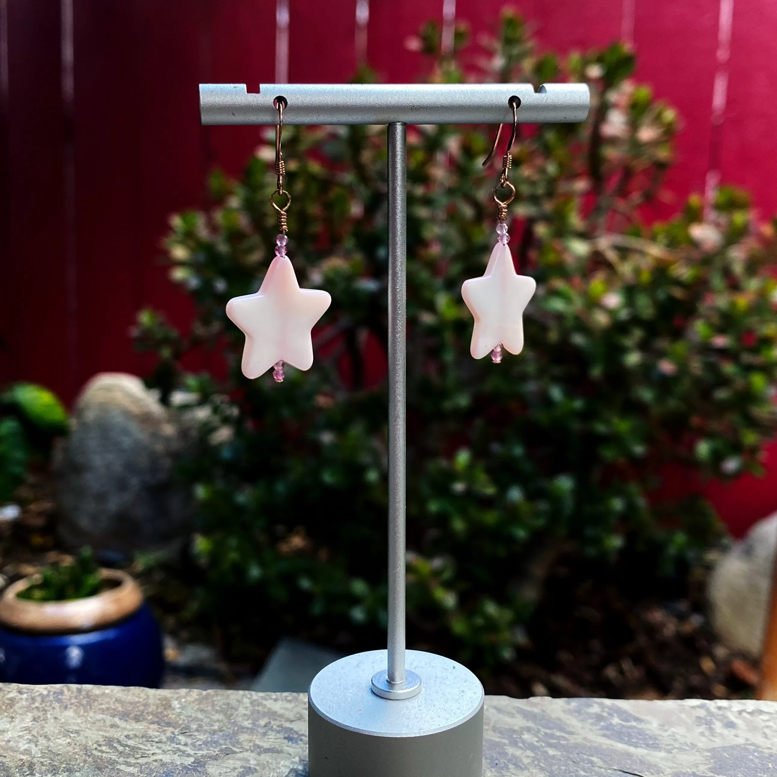 Mother of pearl star and pink topaz with 14 kt rose gold filled drop earrings